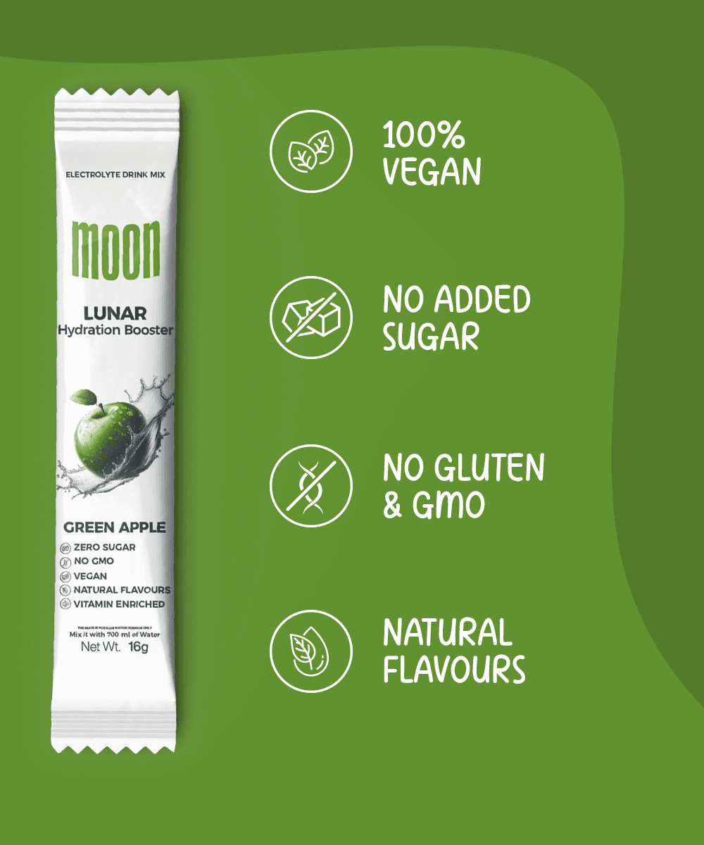 Packaging of Moon Lunar Hydration Stick by MOONFREEZE FOODS PRIVATE LIMITED in green apple flavor. Highlights include 100% vegan, no added sugar, no gluten & GMO, and natural flavors with added vitamins and electrolytes.