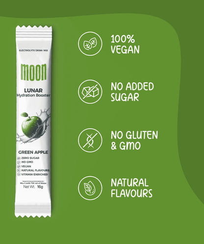 Packaging of Moon Lunar Hydration Stick by MOONFREEZE FOODS PRIVATE LIMITED in green apple flavor. Highlights include 100% vegan, no added sugar, no gluten & GMO, and natural flavors with added vitamins and electrolytes.