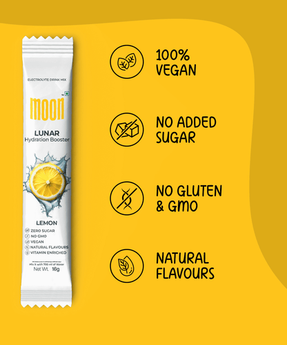 A packet of Moon Lunar Hydration Stick by MOONFREEZE FOODS PRIVATE LIMITED Lemon flavor beside text listing features: 100% Vegan, No Added Sugar, No Gluten & GMO, Natural Flavours, packed with essential electrolytes and vitamins for optimal hydration.