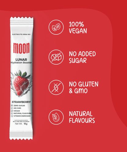 A packet of Moon Lunar Hydration Stick in strawberry flavor against a red background, spotlighting its 100% vegan ingredients, no added sugar, gluten-free and GMO-free formula, natural flavors, and packed with essential electrolytes.