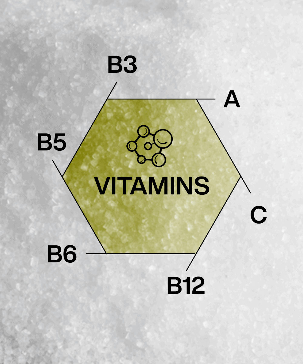 Hexagonal diagram labeled "Vitamins," with vitamins A, B3, B5, B6, B12, and C marked on a textured background. Perfect for those seeking a Vitamin-Infused boost from the Lunar Hydration Booster - Watermelon by MOONFREEZE FOODS PRIVATE LIMITED.