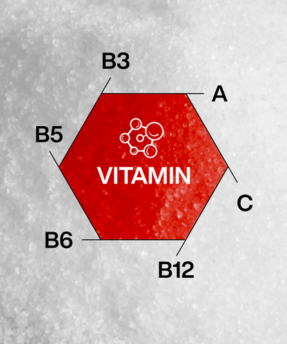 A hexagonal red diagram labeled "VITAMIN," showcasing the vitamins A, B3, B5, B6, B12, and C against a gray textured background. This highlights the Lunar Hydration Booster - Strawberry from MOONFREEZE FOODS PRIVATE LIMITED and its blend of essential vitamins and minerals.