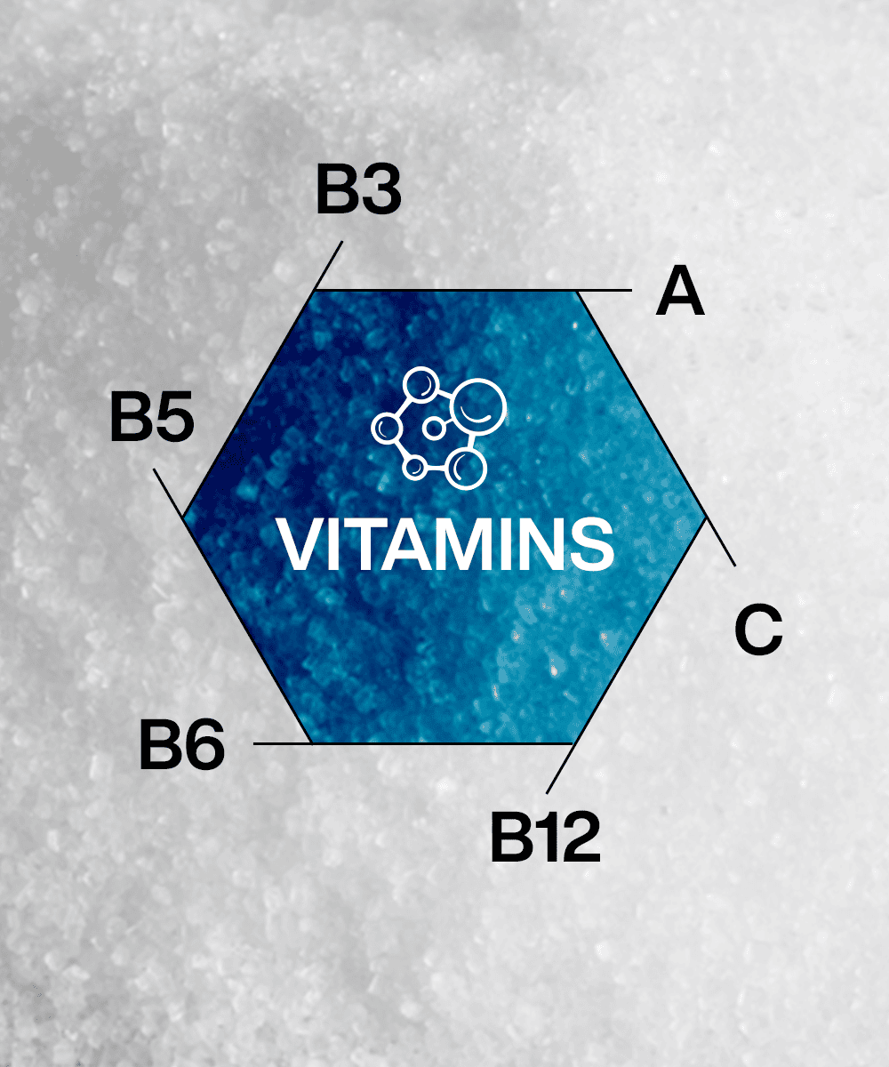 Hexagon with "VITAMINS" text inside, surrounded by labels for vitamins A, B3, B5, B6, B12, and C on a textured white background. Featuring Rapid Hydration elements for enhanced wellness. Showcasing Lunar Hydration Booster - Blueberry by MOONFREEZE FOODS PRIVATE LIMITED.