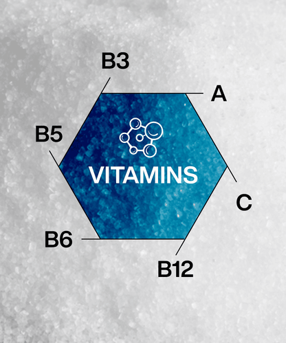 A hexagonal diagram features "VITAMINS" at its center, surrounded by A, B3, B5, B6, B12, C on a textured gray background—an artistic tribute to the vitality and wellness boost from MOONFREEZE FOODS PRIVATE LIMITED's Lunar Hydration Booster - Blueberry Flavour.