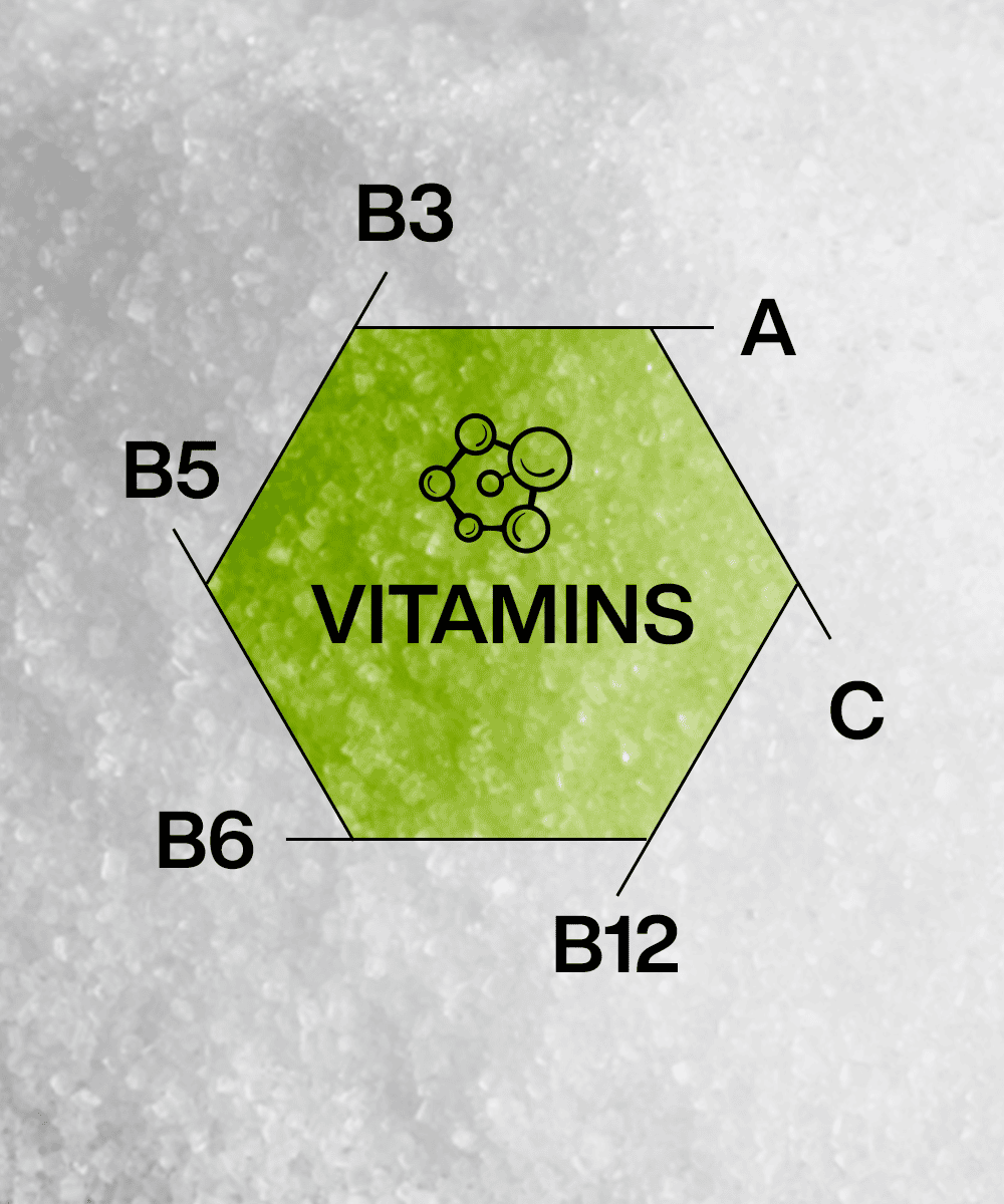 A green, hexagonal label marked "Vitamins" with a molecular structure symbol, encircled by labels for vitamins A, B3, B5, B6, B12, and C. The vitamin-rich design of the Lunar Hydration Booster - Green Apple from MOONFREEZE FOODS PRIVATE LIMITED stands out against a grey background.