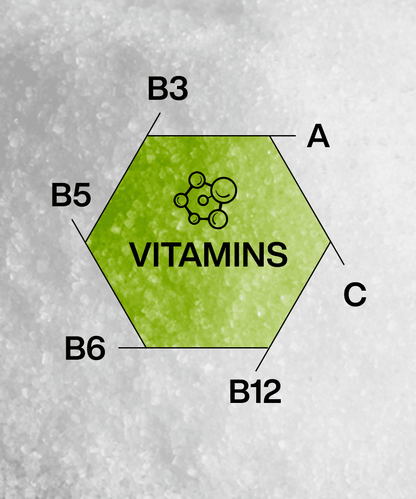 A green hexagon with the word "VITAMINS" in the center, encircled by labels for vitamins A, B3, B5, B6, B12, and C—your ultimate Lunar Hydration Booster - Green Apple from MOONFREEZE FOODS PRIVATE LIMITED.