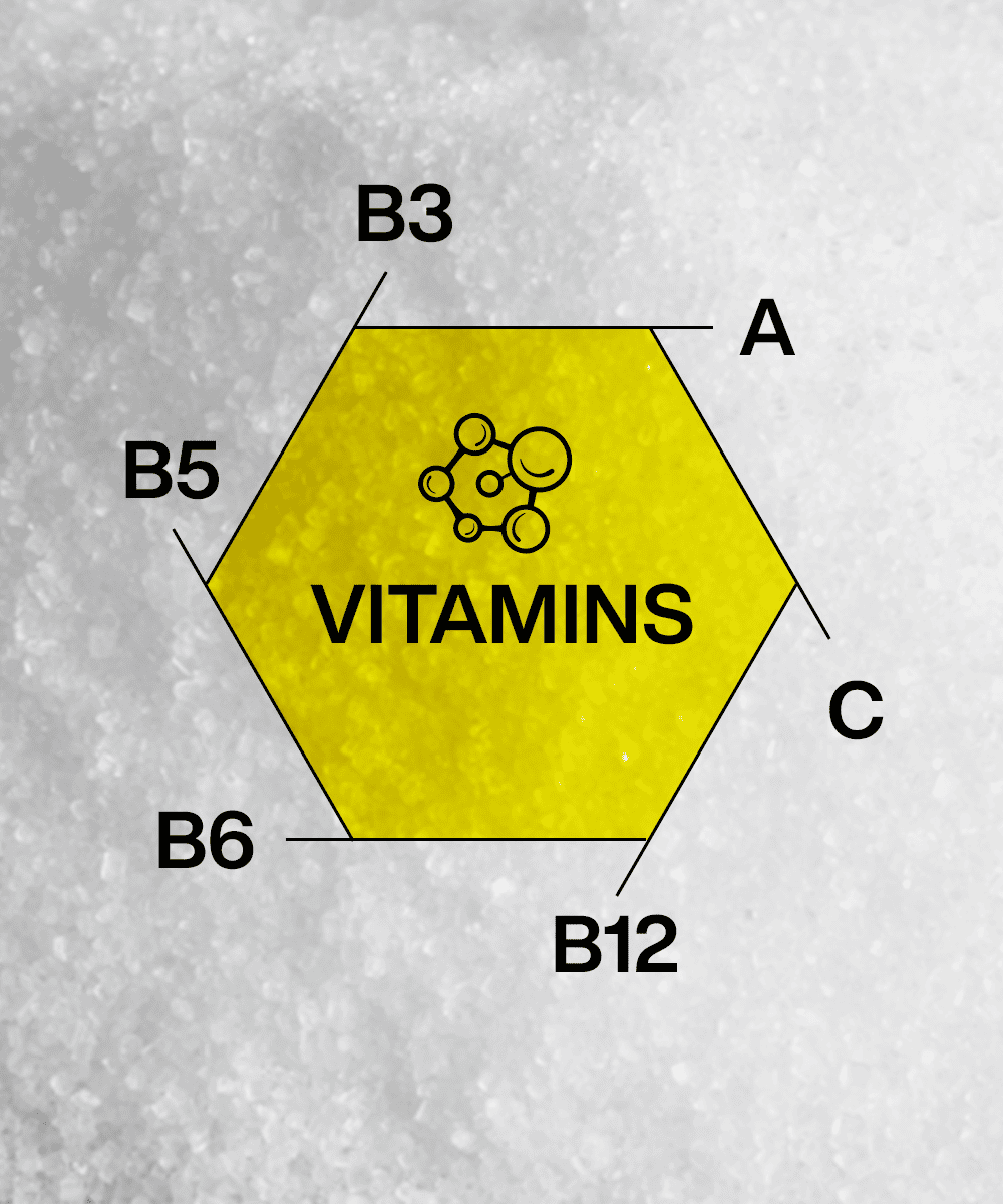 A hexagon labeled "VITAMINS" is surrounded by the letters A, B3, B5, B6, B12, and C, indicating different types of vitamins. This vitamin-infused diagram highlights the essential nutrients packed into the Moon Lemon Lunar Hydration Booster Pack of 2 from MOONFREEZE FOODS PRIVATE LIMITED.