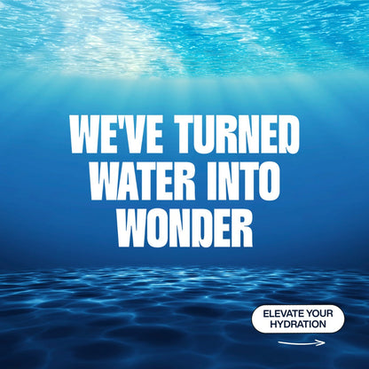 An underwater scene with text that reads, "WE'VE TURNED WATER INTO WONDER" and "ELEVATE YOUR HYDRATION" in a white bubble, featuring our Moon Lunar Blueberry and Lemon Hydration Stick Combo by MOONFREEZE FOODS PRIVATE LIMITED, with a directional arrow pointing right.