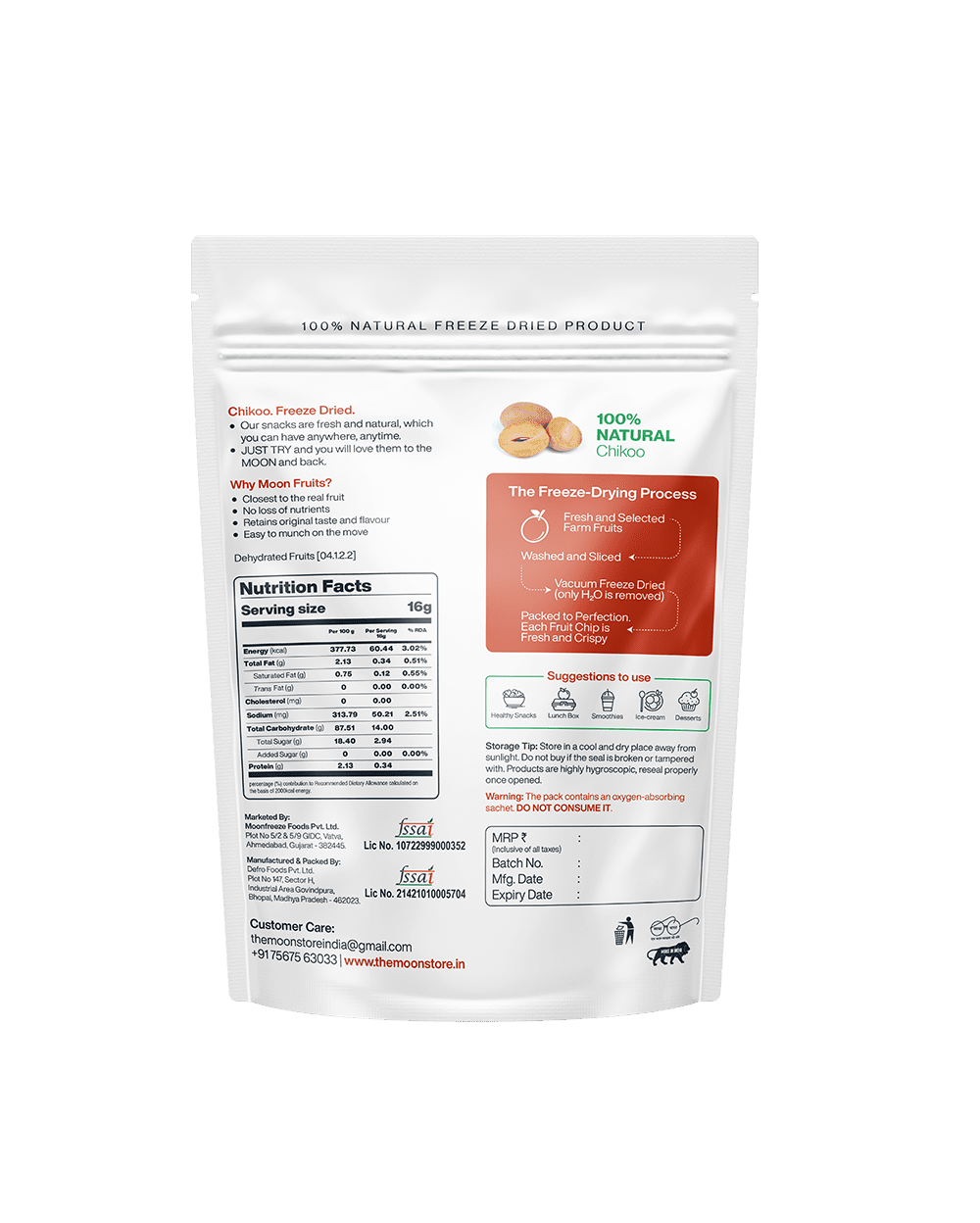 A bag of Moon Freeze Dried Chikoo (Size: 16 Grams) protein powder with metabolism-boosting ingredients on a white background by Themoonstoreindia.