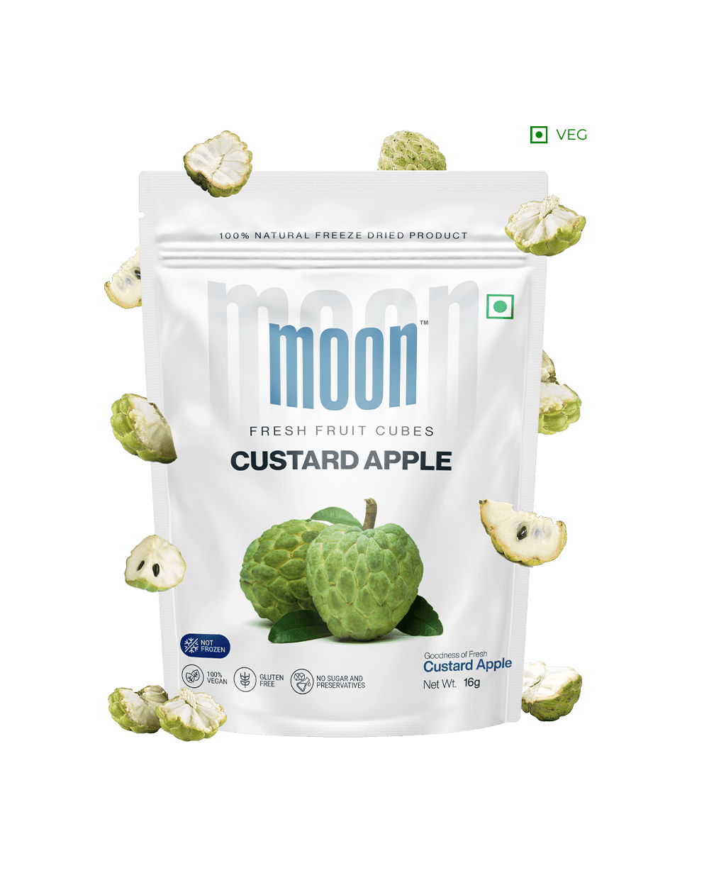 Themoonstoreindia's Moon Freeze Dried Custard Apple Cubes offers a convenient and versatile way to enjoy the nutritional benefits of freeze-dried custard apple cubes. Made from real custard apples, this powder captures the natural flavor and essence.