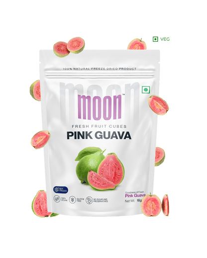 Moon Freeze Dried Pink Guava cubes by Themoonstoreindia is an all-natural fruit powder made from ripe guavas, packed with vitamin C.