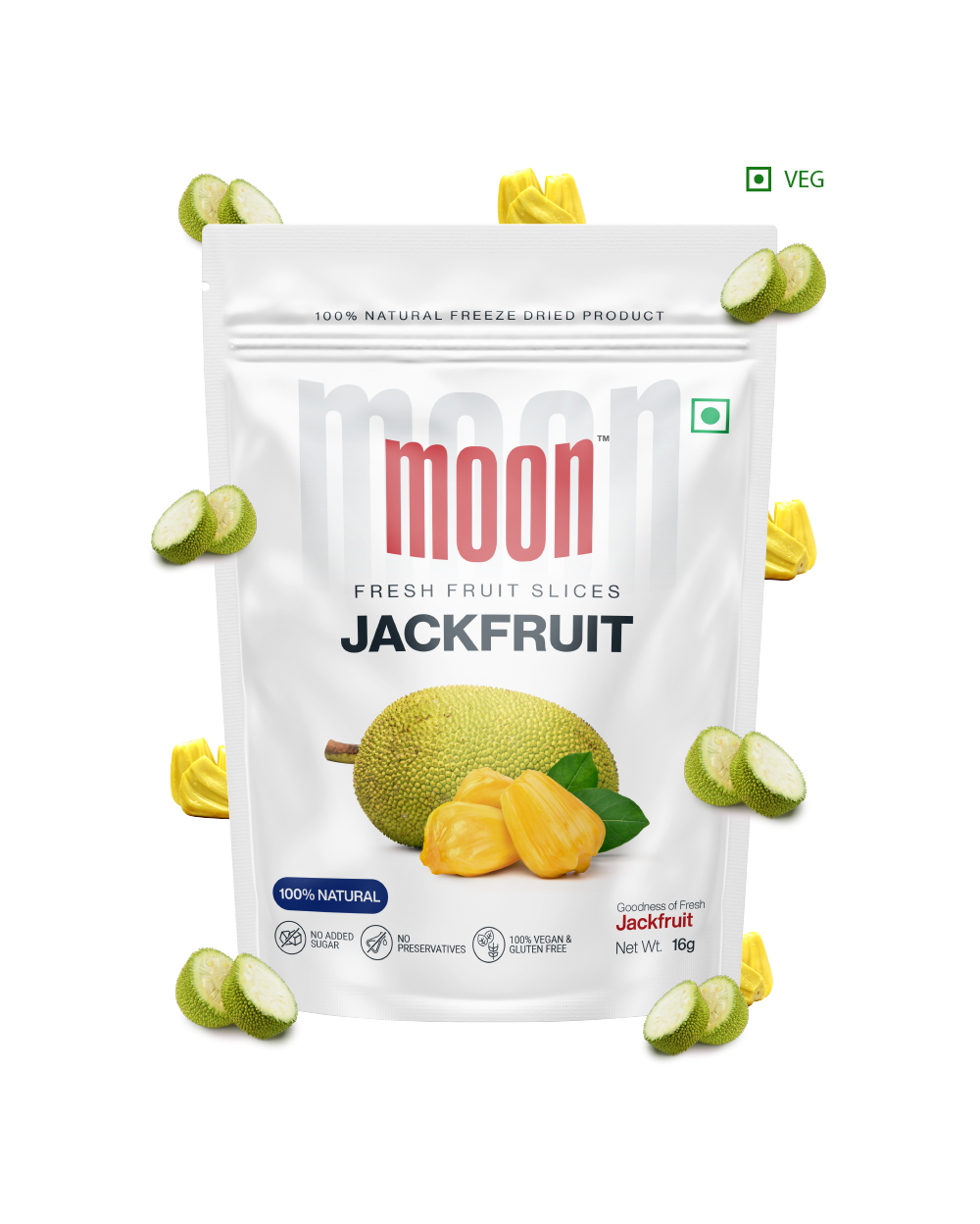 A bag of Moon Freeze Dried Jackfruit chips on a white background, highlighting its health benefits and high vitamin C content.
