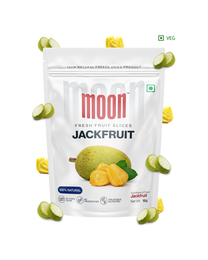 A bag of Moon Freeze Dried Jackfruit chips on a white background, highlighting its health benefits and high vitamin C content.