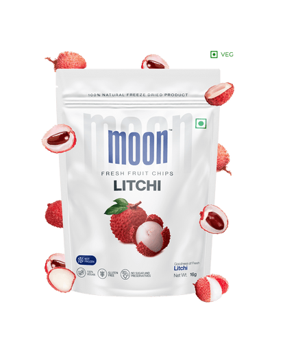 Litchi Freeze-Dried Chips with vibrant floating litchi fruits on the packaging.