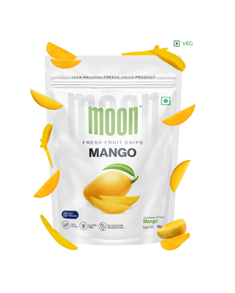 A bag of Moon Freeze Dried Mango Slice (Size: 16 Grams) by Themoonstoreindia on a white background.