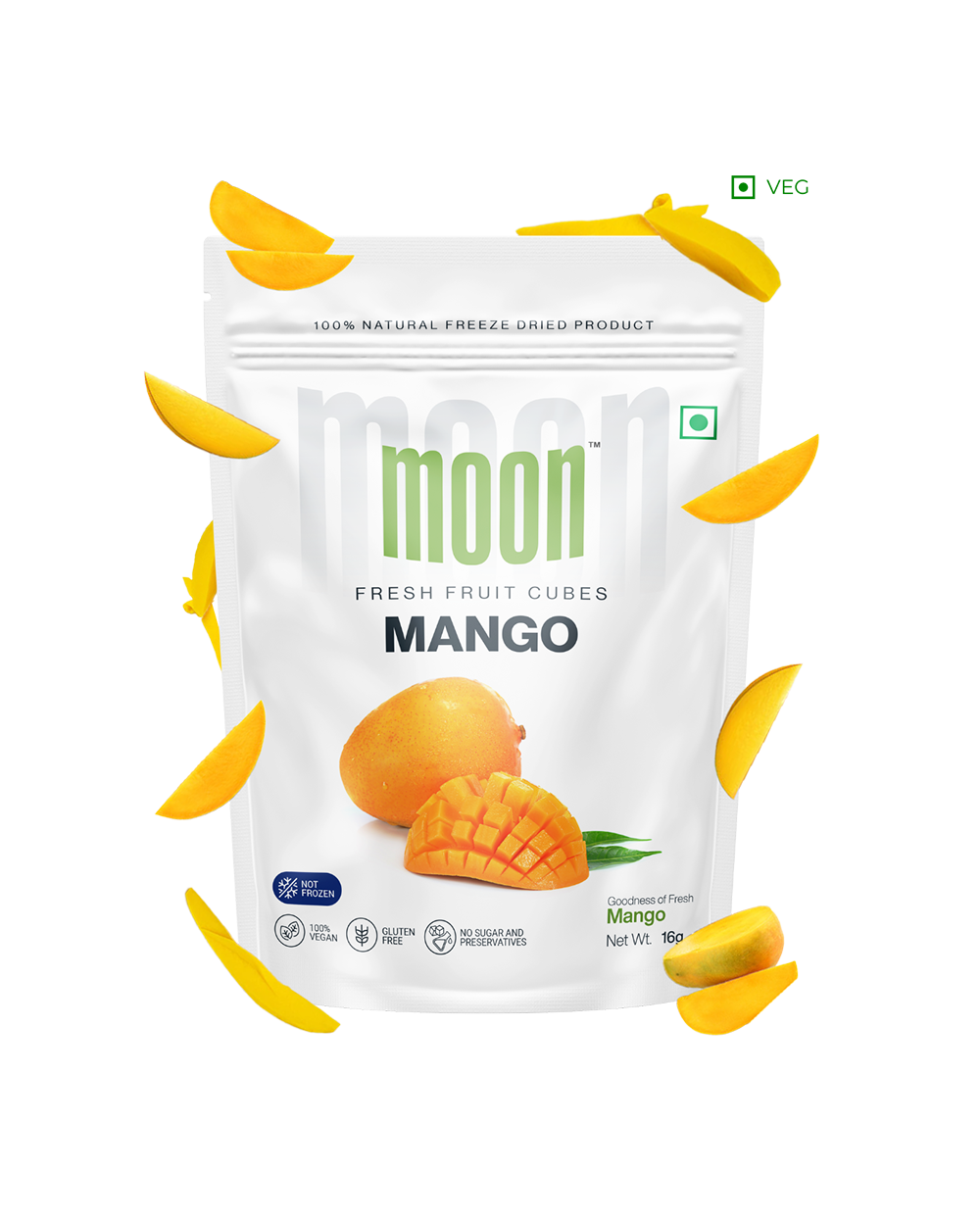 A bag of Moon Freeze Dried Mango Cubes (Size: 16 Grams) by Themoonstoreindia on a white background.