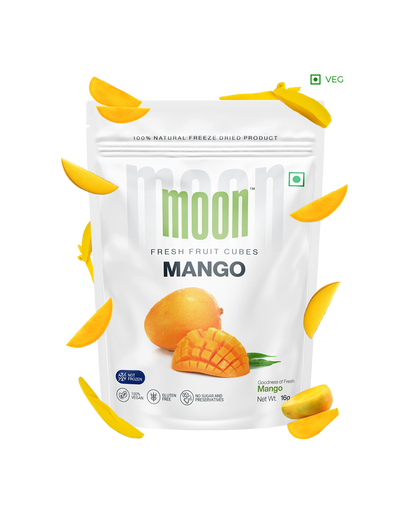 A bag of Moon Freeze Dried Mango Cubes (Size: 16 Grams) by Themoonstoreindia on a white background.