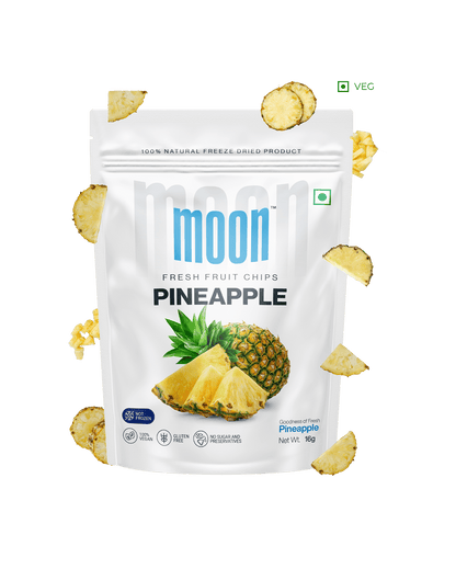 A bag of Moon Freeze Dried Pineapple chips on a white background. (Brand Name: Themoonstoreindia)